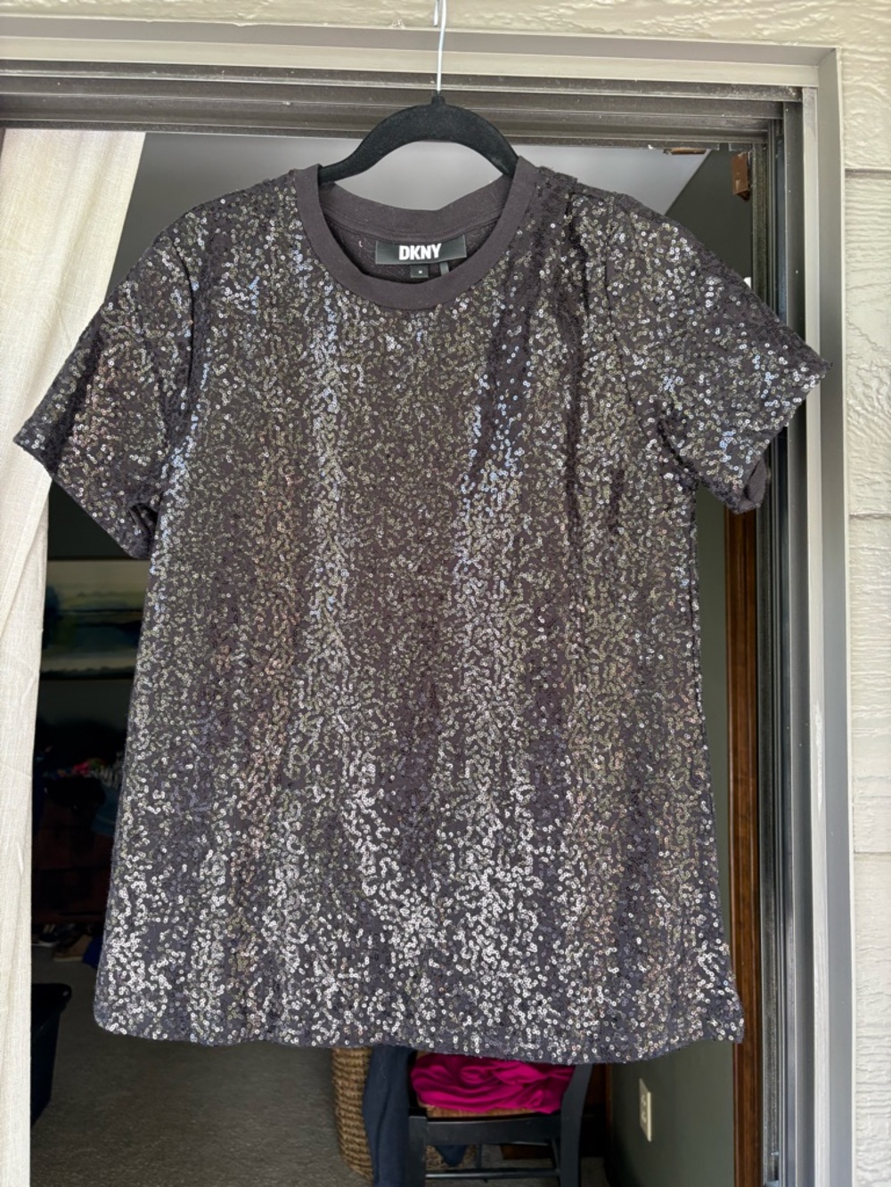 DKNY Black Sequin Short Sleeve Top
